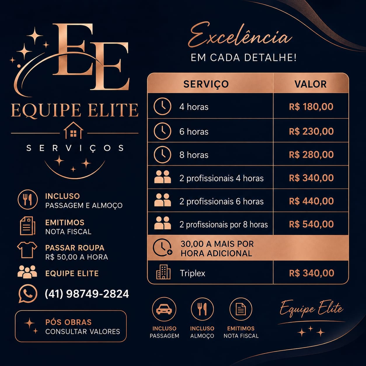 Flyer oficial com tabela completa de preços de diárias e serviços adicionais